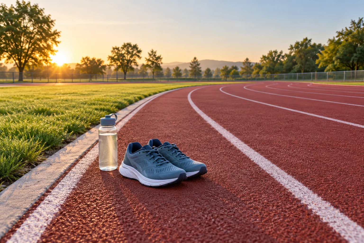Trainers and a water bottle beside a running track at sunrise. AI-generated image.