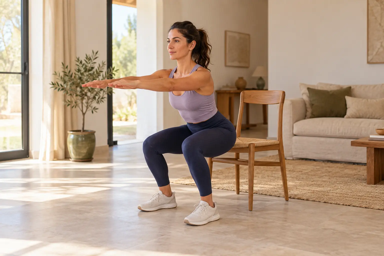 Strength training in a bright home space. AI-generated image.