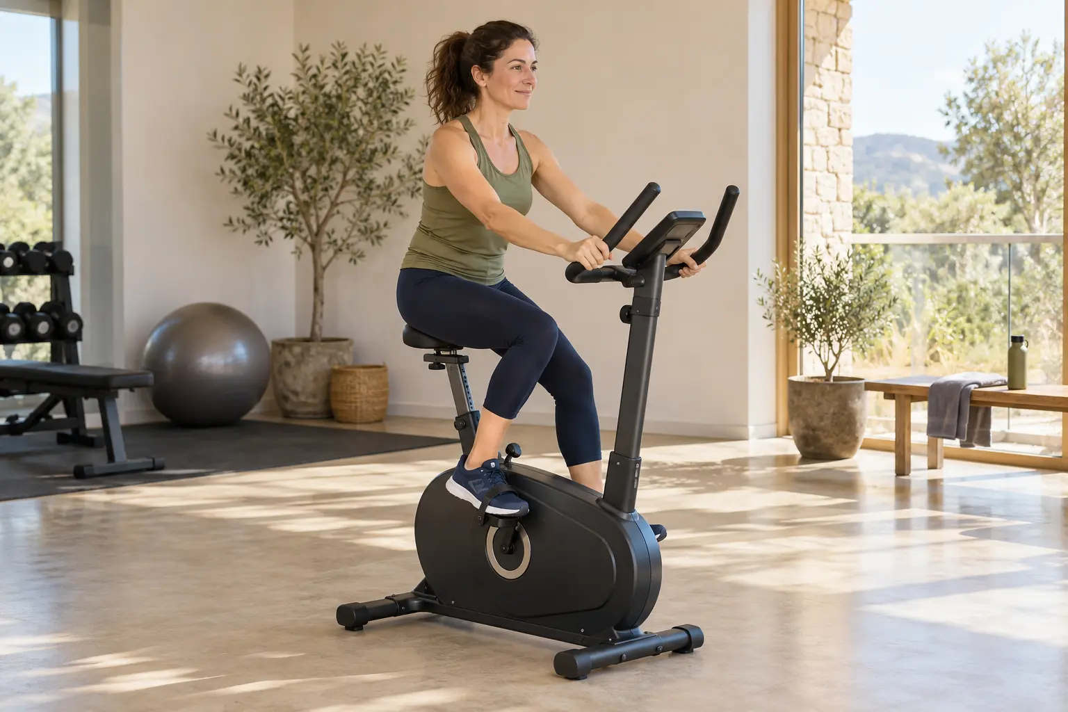 Activity on an indoor bicycle in a bright space. AI-generated image.