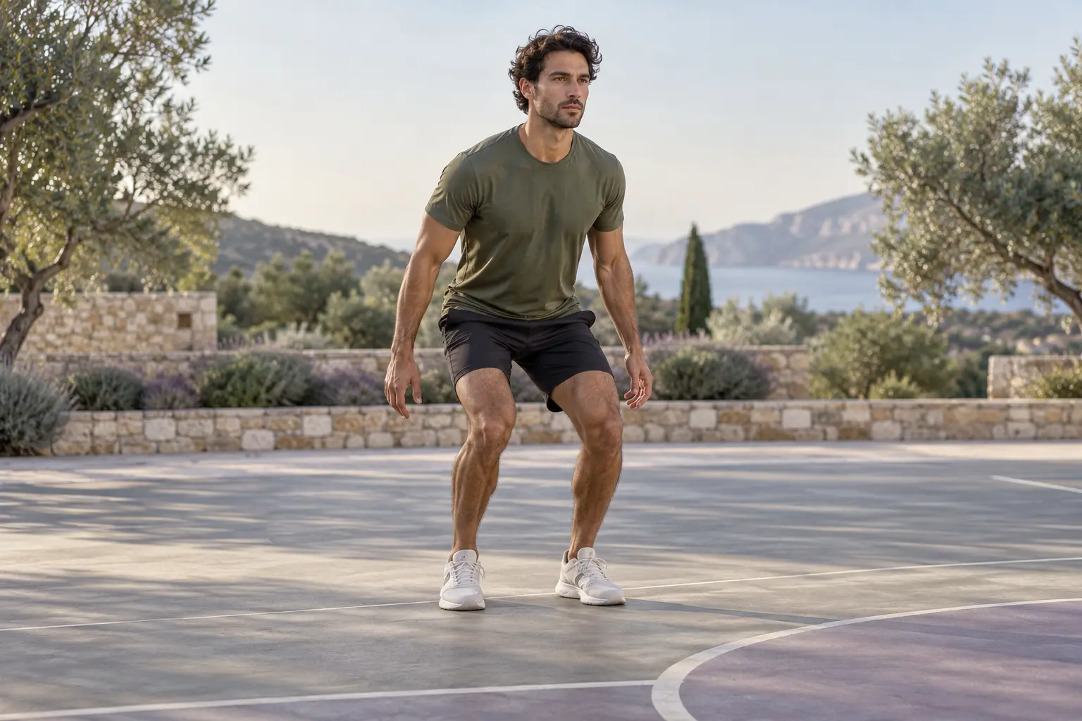 Athletic preparation and footwork control on a sports court. AI-generated image.