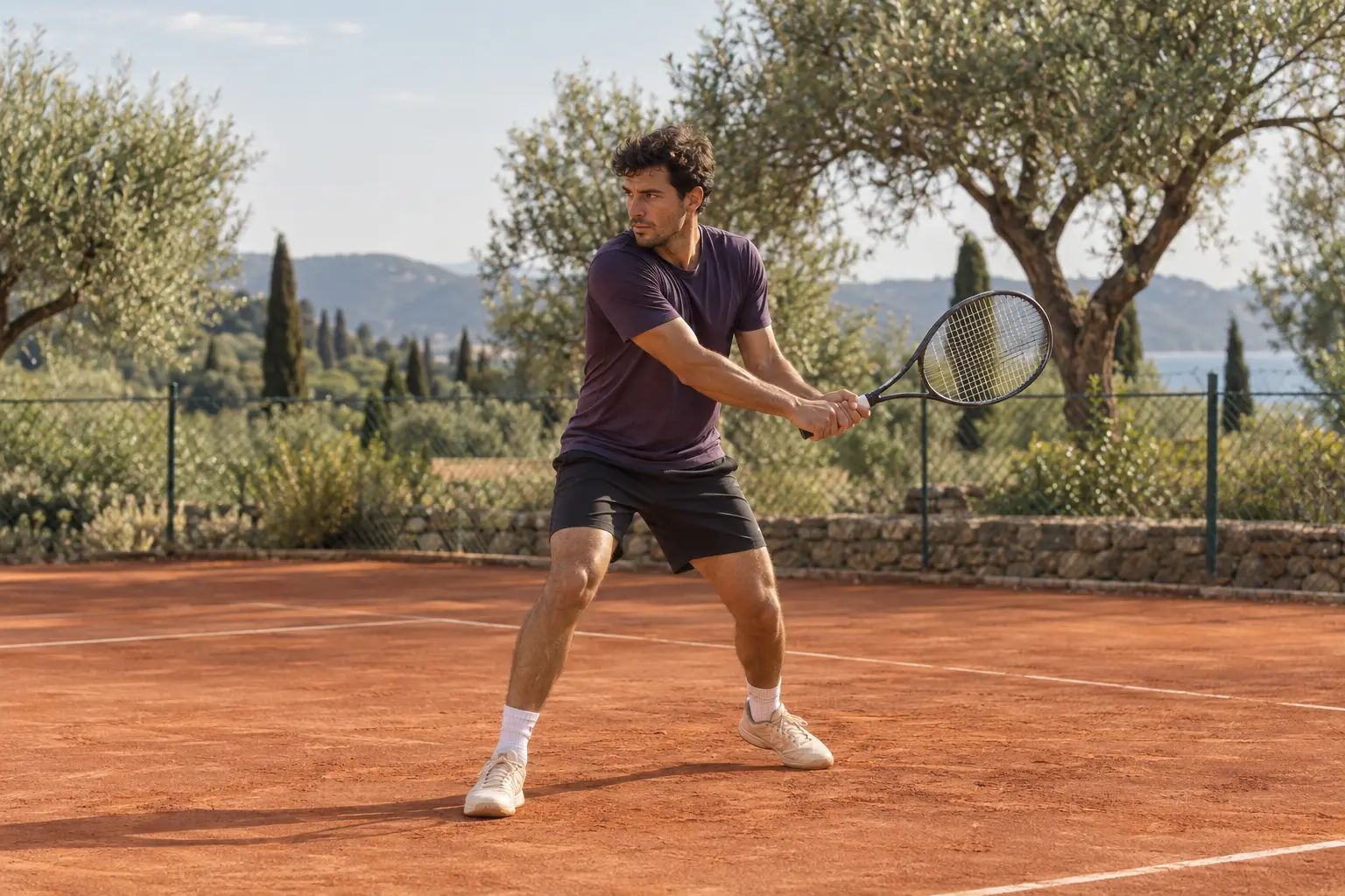 A person practising tennis on a court. AI-generated image.