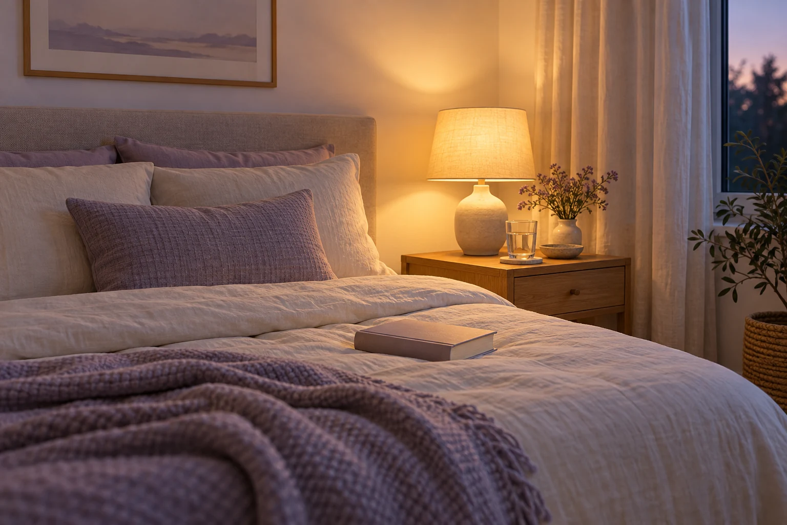 A calm bedroom with soft lighting for rest. AI-generated image.