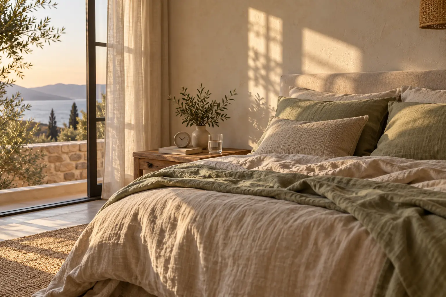 Dormitorio con una lámpara de lectura encendida junto a la cama.