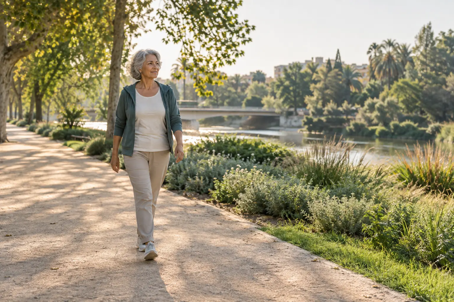 Mujer adulta caminando con tranquilidad al aire libre en Valencia