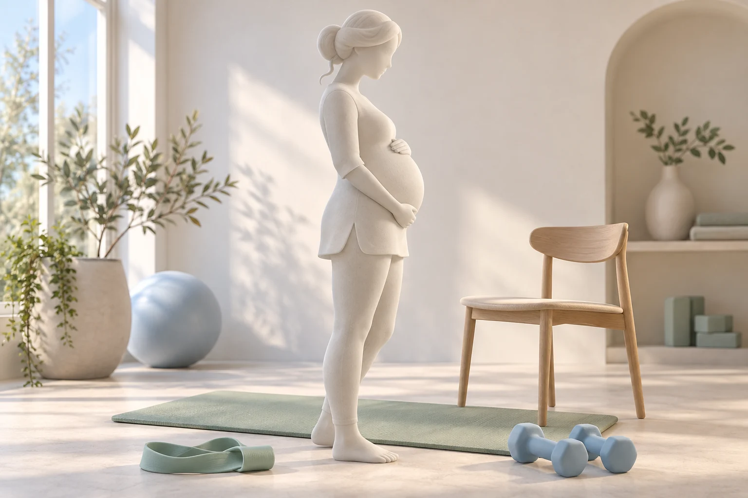 Figura escultórica de una mujer embarazada con esterilla, silla y material de ejercicio. Imagen ilustrativa.