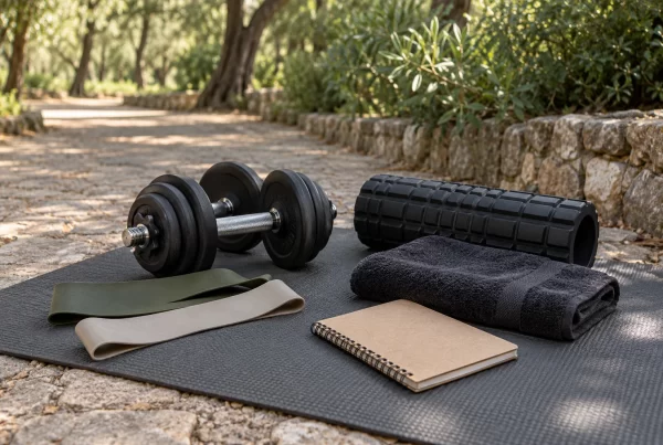 Mancuernas, bandas elásticas y material de entrenamiento al aire libre. Imagen ilustrativa.