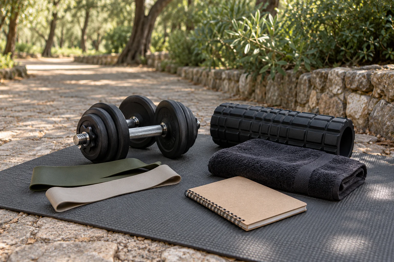 Mancuernas, bandas elásticas y material de entrenamiento al aire libre. Imagen ilustrativa.
