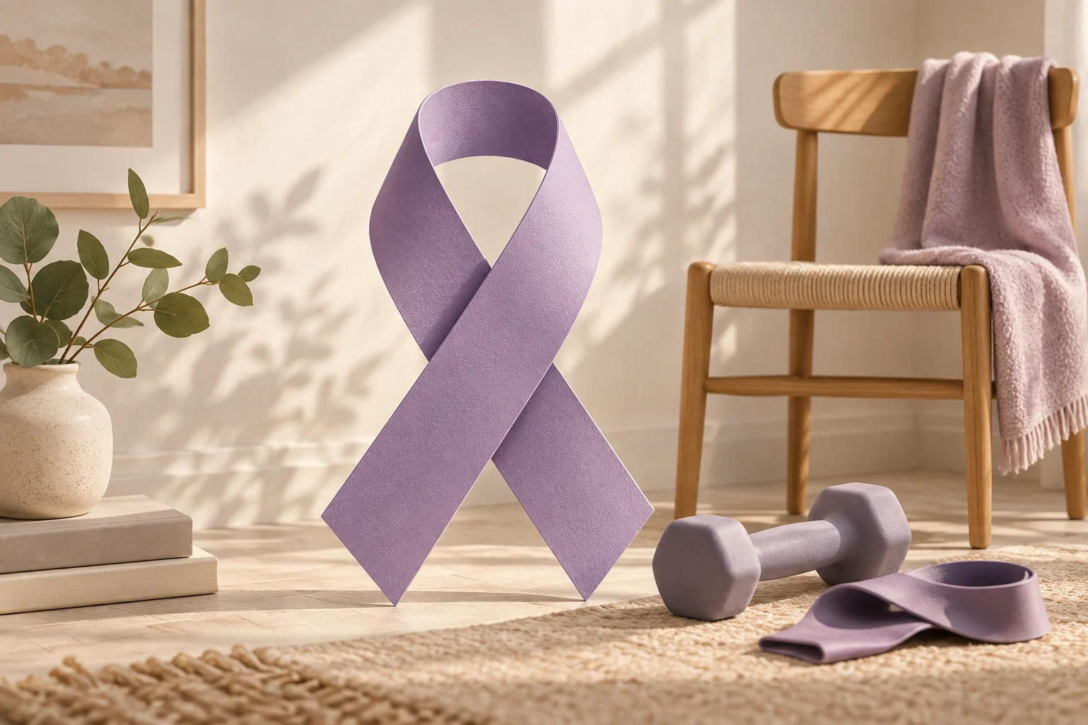 Composición de un lazo lavanda con silla, banda y pesas ligeras para ejercicio adaptado. Imagen ilustrativa.