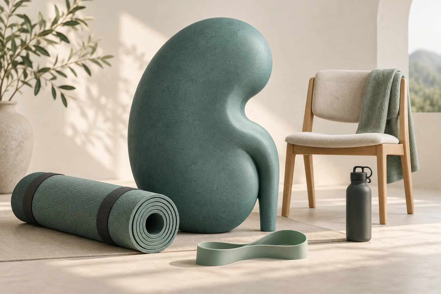 Composición de un riñón en tonos verdes con silla, banda y esterilla para ejercicio adaptado. Imagen ilustrativa.