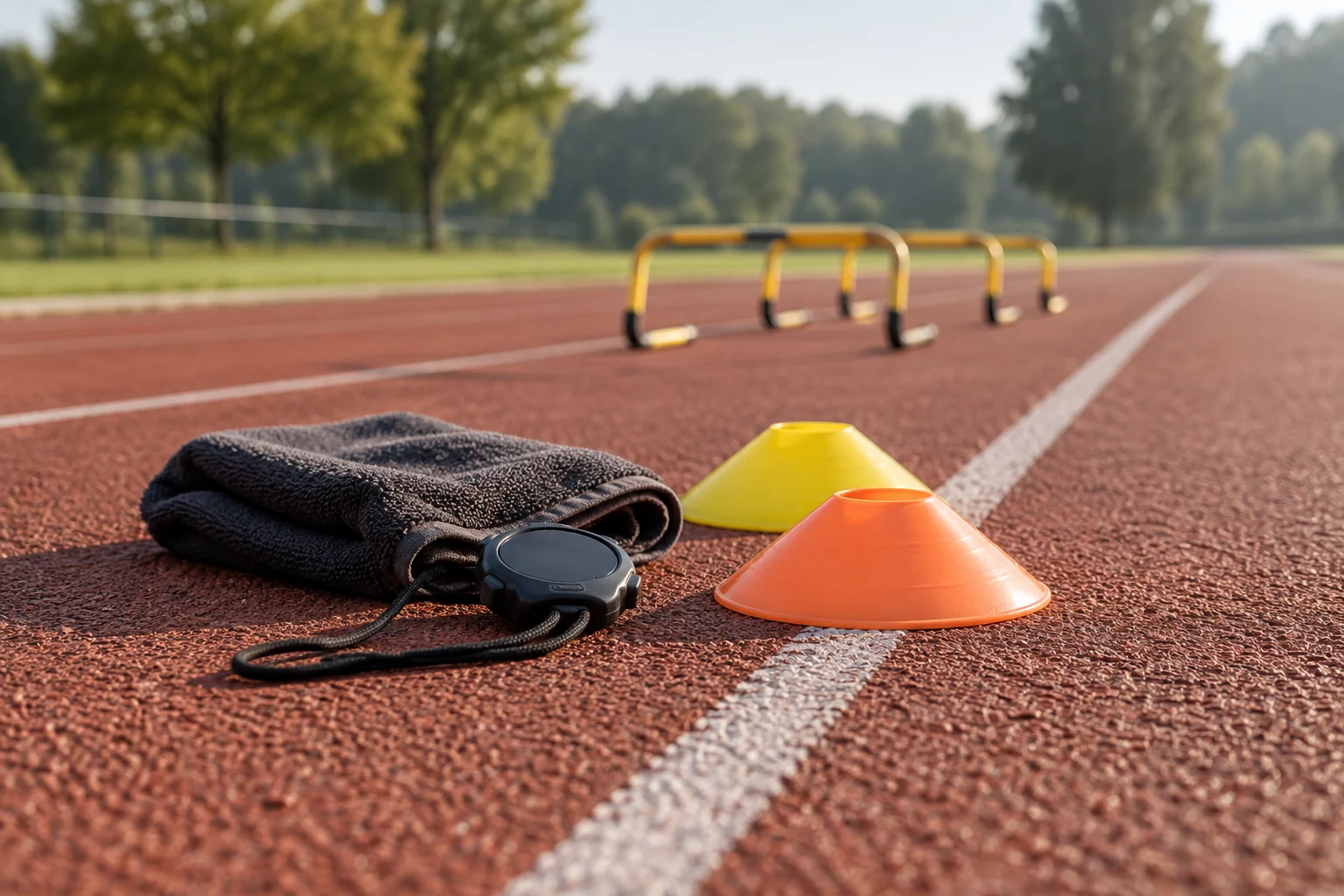 Conos, cronómetro y vallas bajas en una pista de atletismo. Imagen ilustrativa.