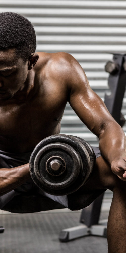 Shirtless Man Lifting Dumbbell On Bench At The PQVL8YF 500x1000